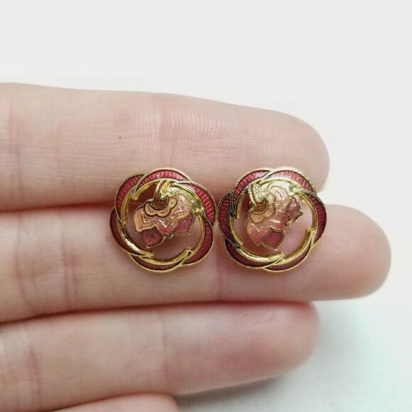 Vintage Red Pink Enamel Floral Stud Earrings, Retro 80s Style, Estate - Picture 5 of 6